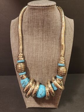 Vintage Silver-Tone Necklace with Faux Turquoise Accent Beads, New wave, 80s